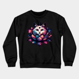 Colorful Cosmic Cat in Lotus Flower Crewneck Sweatshirt